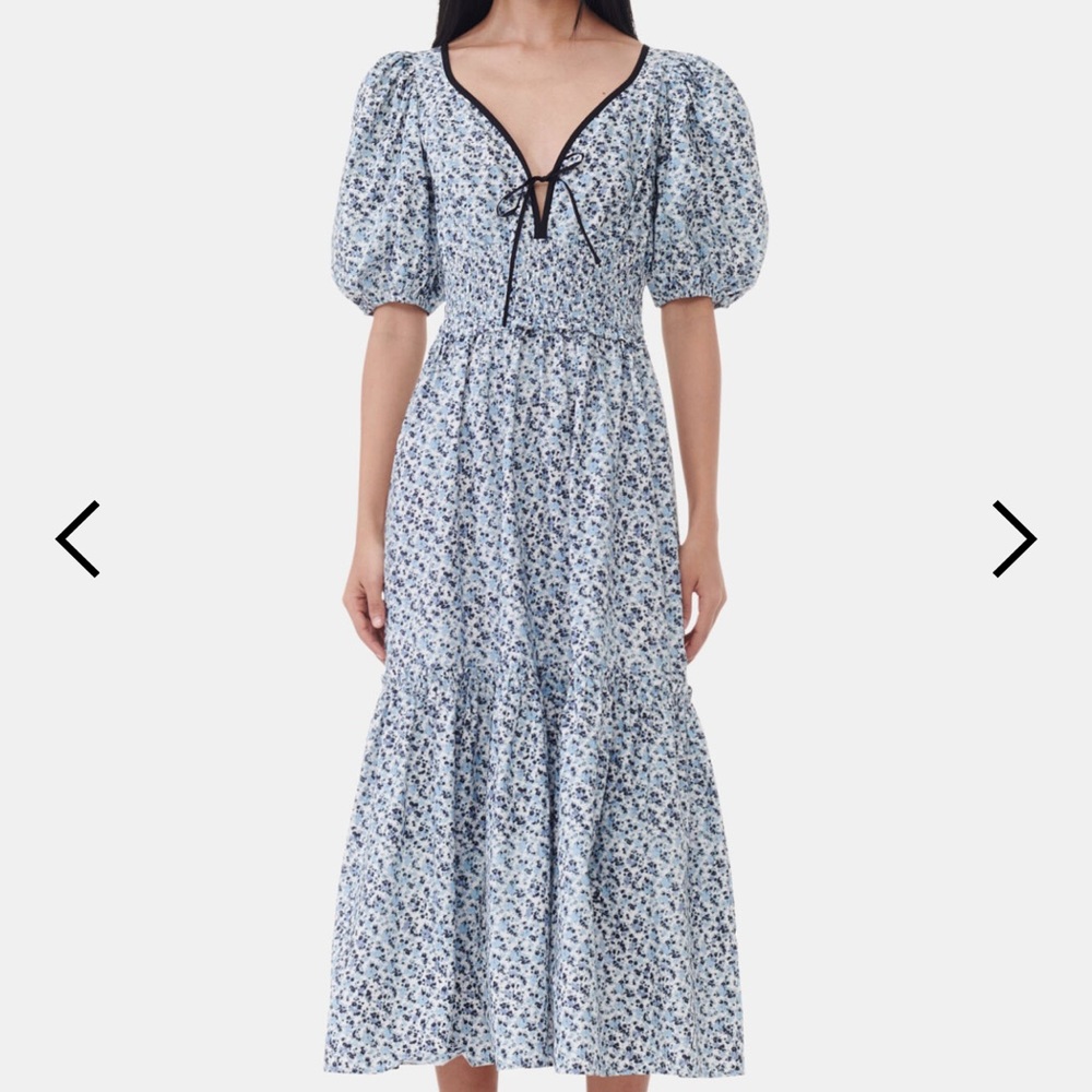 Ganni Long Smock Dress Blue and White Tie Front Puff Sleeve Sundress